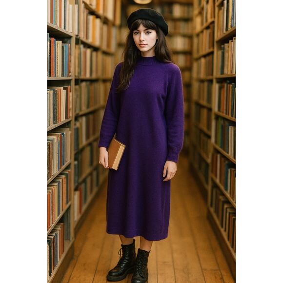 VTG D.D. Sloane 80's Lambswool Angora Blend Purple Sweater Dress M Retro Witchy - Picture 1 of 9